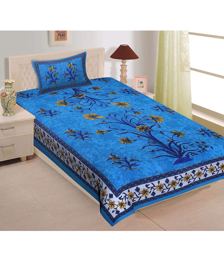     			Uniqchoice Cotton Floral 1 Single Bedsheet with 1 Pillow Cover - Blue