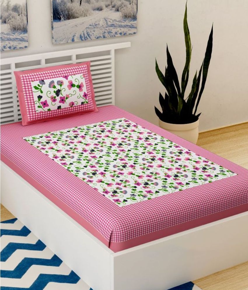     			Uniqchoice Cotton Floral 1 Single Bedsheet with 1 Pillow Cover - Pink