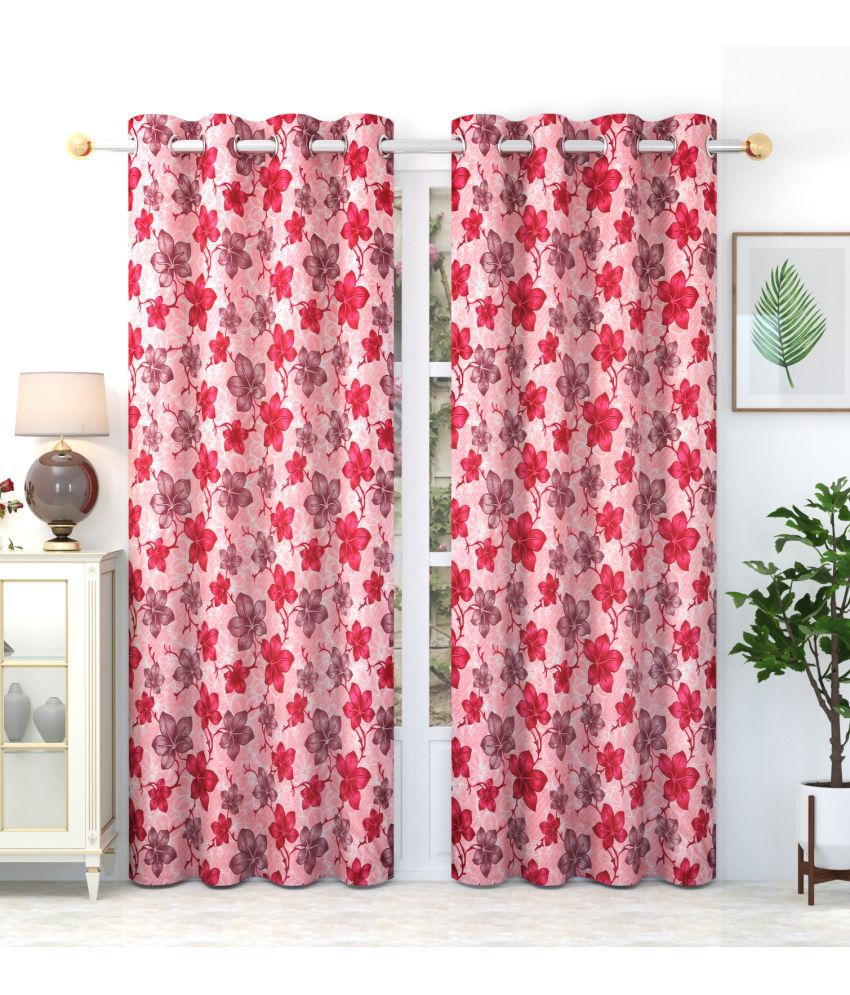     			La Elite Floral Semi-Transparent Eyelet Curtain 5 ft ( Pack of 2 ) - Red
