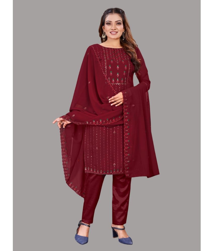     			Aika Unstitched Georgette Embroidered Dress Material - Maroon ( Pack of 1 )