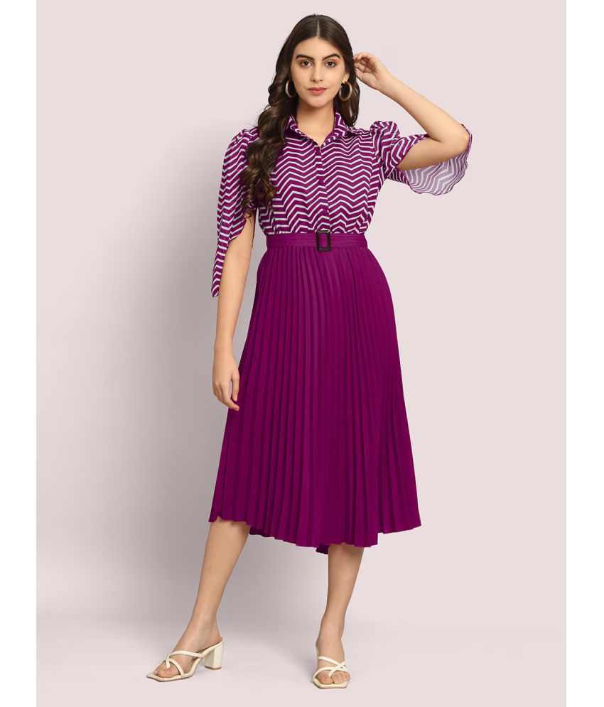     			RAIYANI FASHION Polyester Striped Midi Women's Fit & Flare Dress - Magenta ( Pack of 1 )