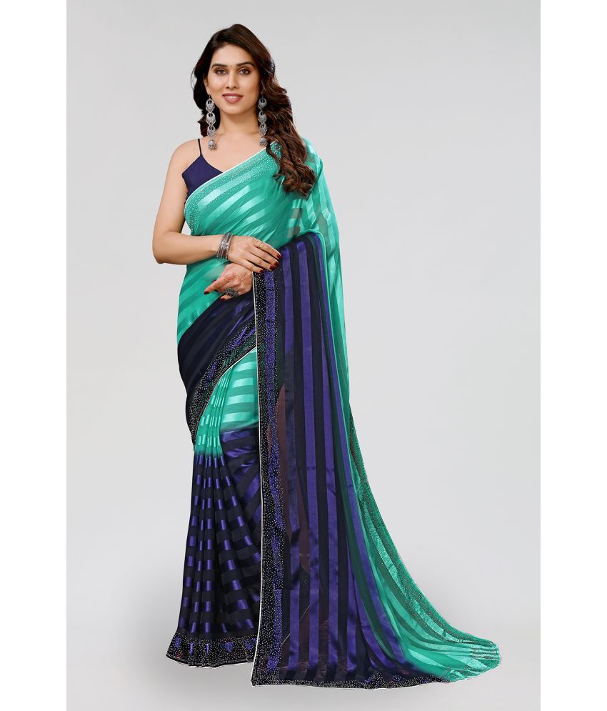     			Kashvi Sarees Satin Striped Saree With Blouse Piece - Green ( Pack of 1 )