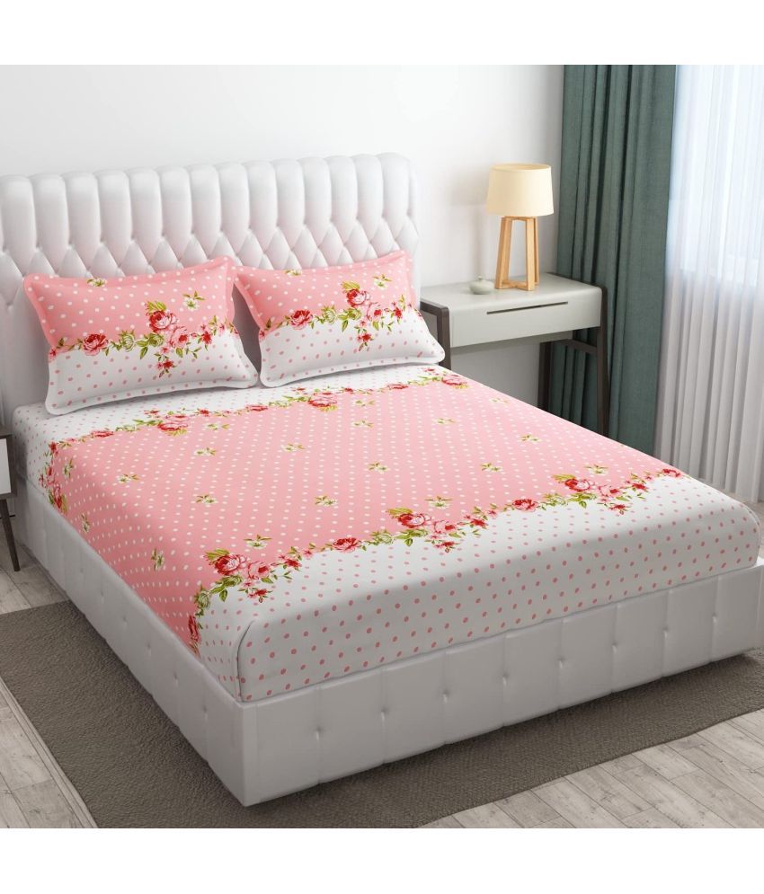     			Neekshaa Cotton Floral Fitted Fitted bedsheet with 2 Pillow Covers ( Double Bed ) - Pink