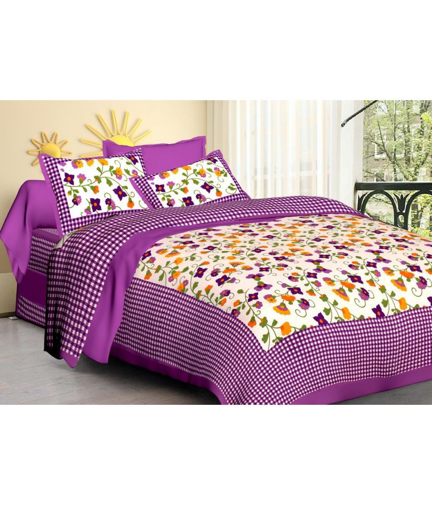     			Angvarnika Cotton Floral 1 Double Bedsheet with 2 Pillow Covers - Purple