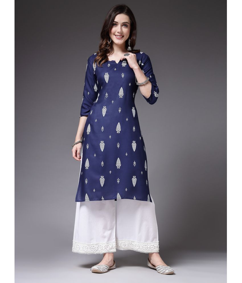     			Stylum Rayon Printed Straight Women's Kurti - Navy Blue ( Pack of 1 )