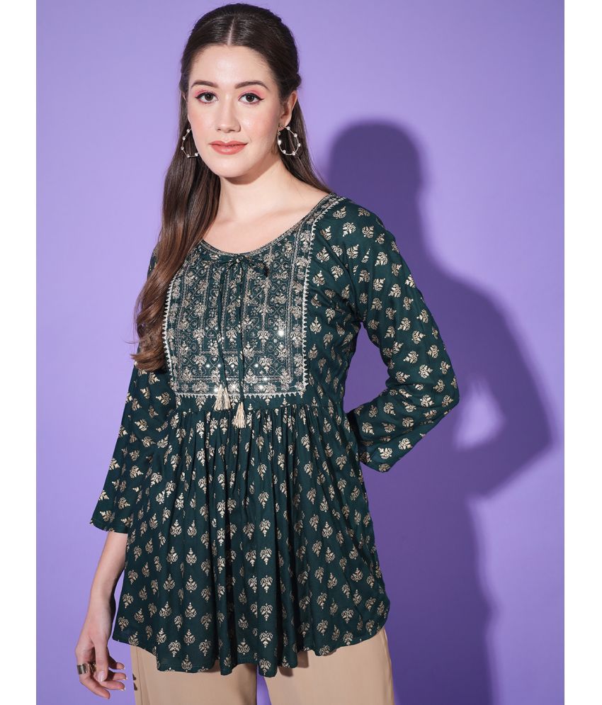     			BuyNewTrend Cotton Printed Flared Women's Kurti - Green ( Pack of 1 )