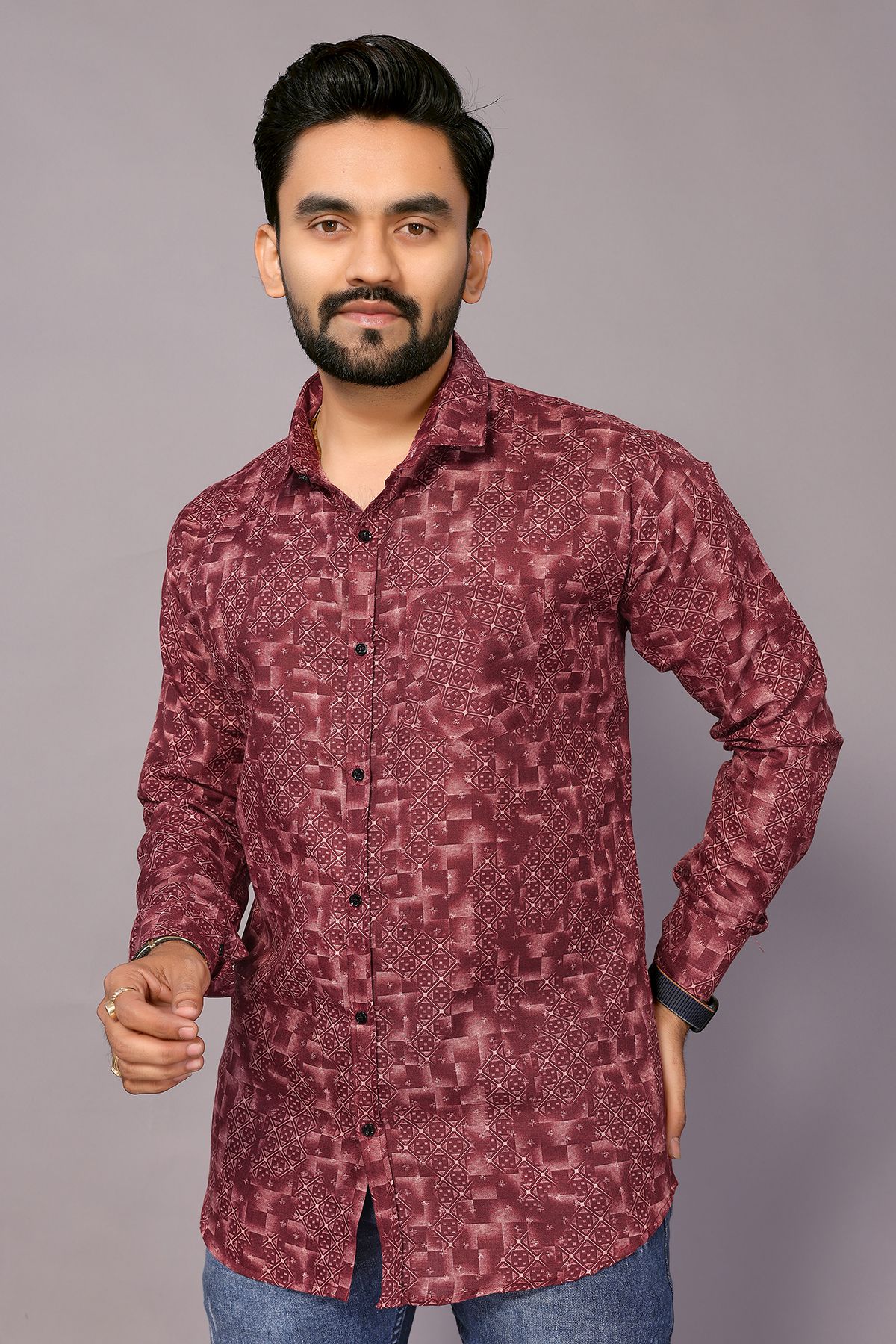     			Kashvi Cotton Blend Regular Fit Printed Full Sleeves Men's Casual Shirt - Maroon ( Pack of 1 )