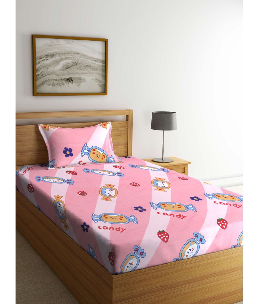     			Klotthe Poly Cotton Graphic 1 Single Bedsheet with 1 Pillow Cover - Baby Pink