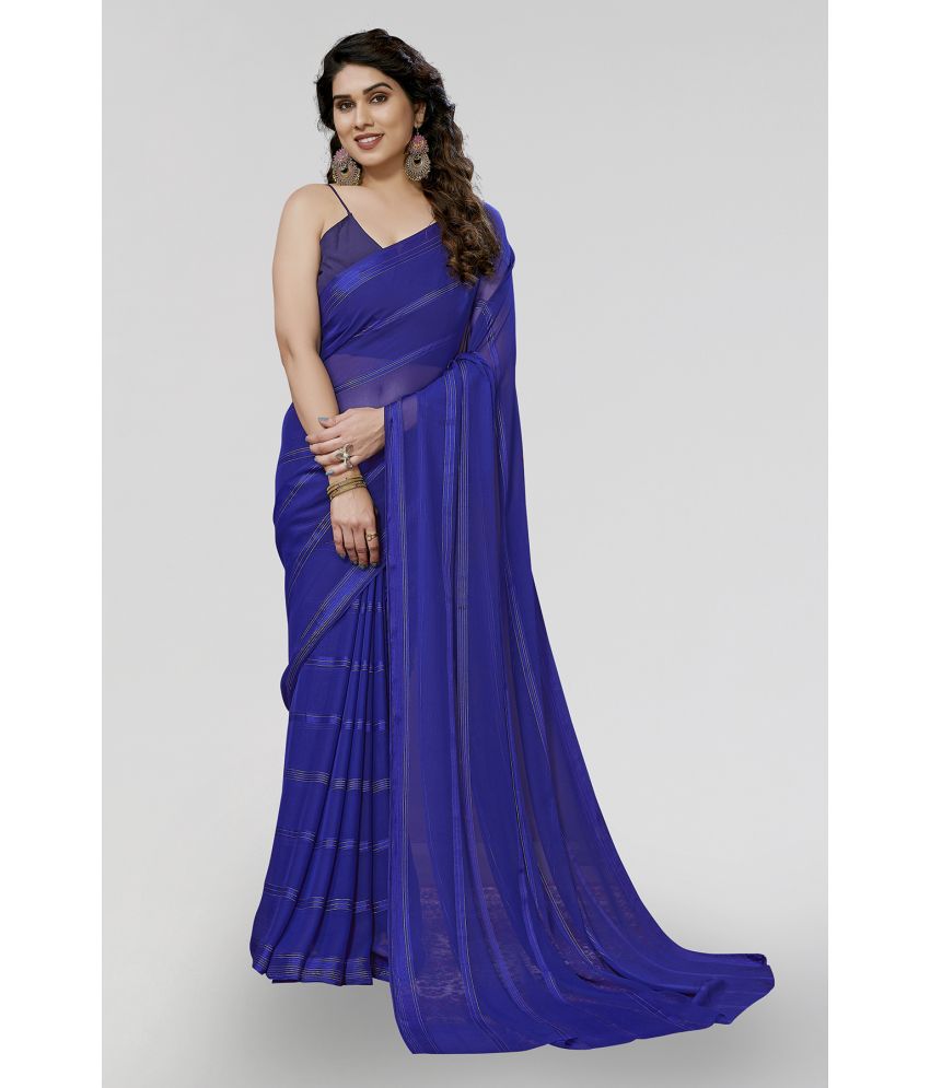     			Anand Sarees Satin Striped Saree Without Blouse Piece - Blue ( Pack of 1 )