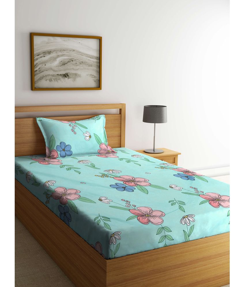     			Klotthe Poly Cotton Floral 1 Single Bedsheet with 1 Pillow Cover - Turquoise