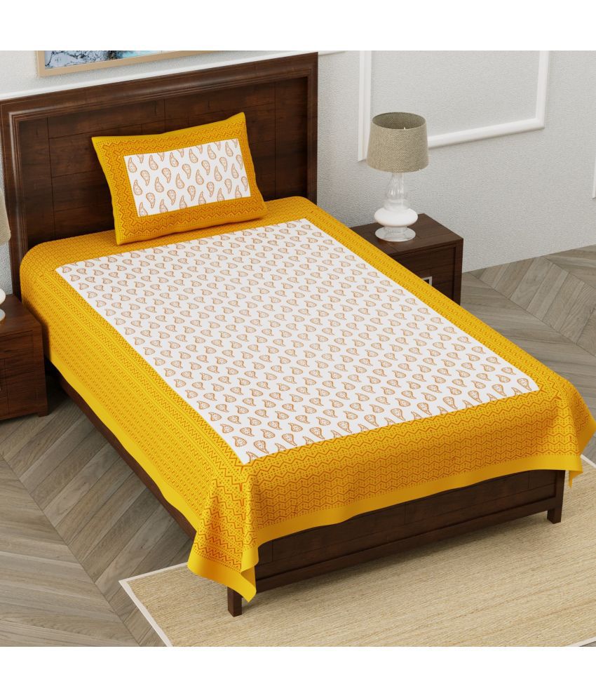     			HOMETALES Cotton Abstract 1 Single Bedsheet with 1 Pillow Cover - Yellow