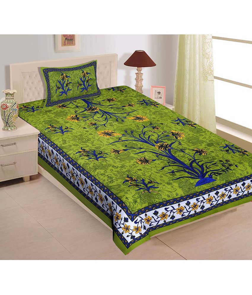     			Uniqchoice Cotton Floral 1 Single Bedsheet with 1 Pillow Cover - Green