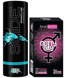 NottyBoy Slide Water Based Lubricant Massage Gel 100ML, 3in1 Ribbed Dotted Contour Condom - Pack of 2