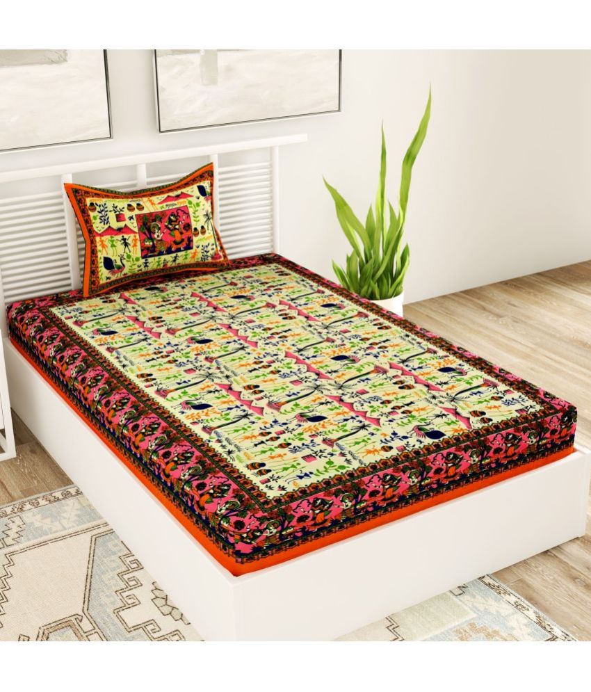     			Uniqchoice Cotton Ethnic 1 Single Bedsheet with 1 Pillow Cover - Yellow