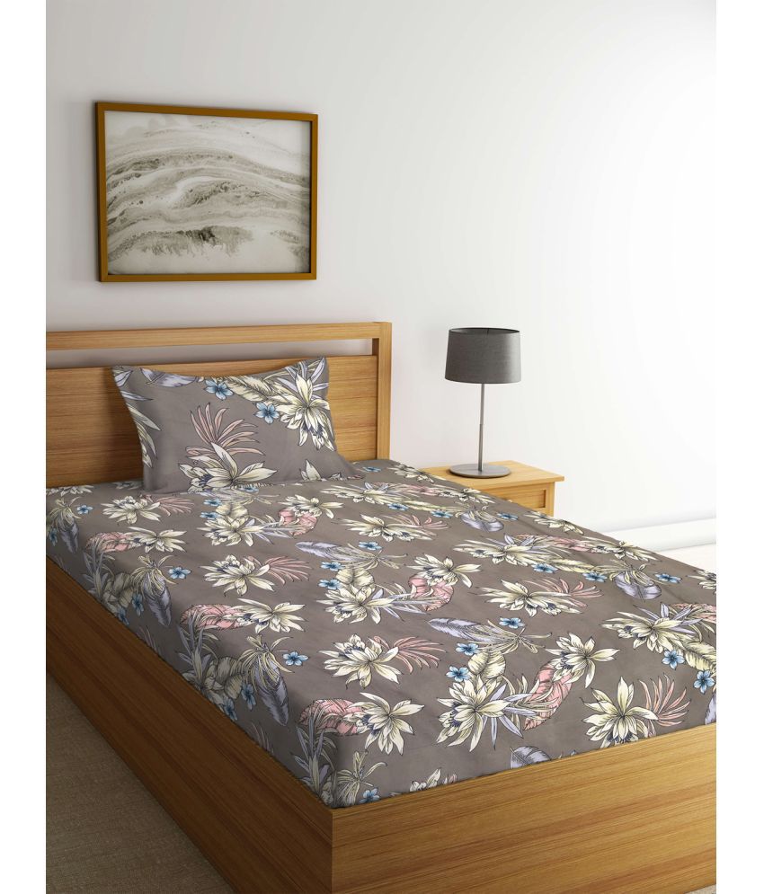     			Klotthe Poly Cotton Floral 1 Single Bedsheet with 1 Pillow Cover - Brown