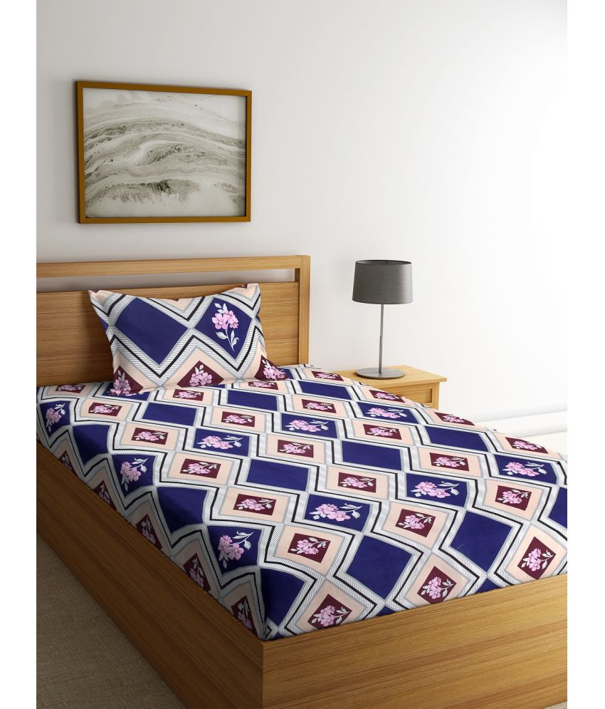     			Klotthe Poly Cotton Floral 1 Single Bedsheet with 1 Pillow Cover - Navy Blue