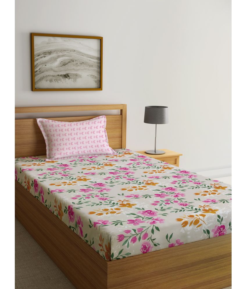     			Klotthe Poly Cotton Floral 1 Single Bedsheet with 1 Pillow Cover - Off White