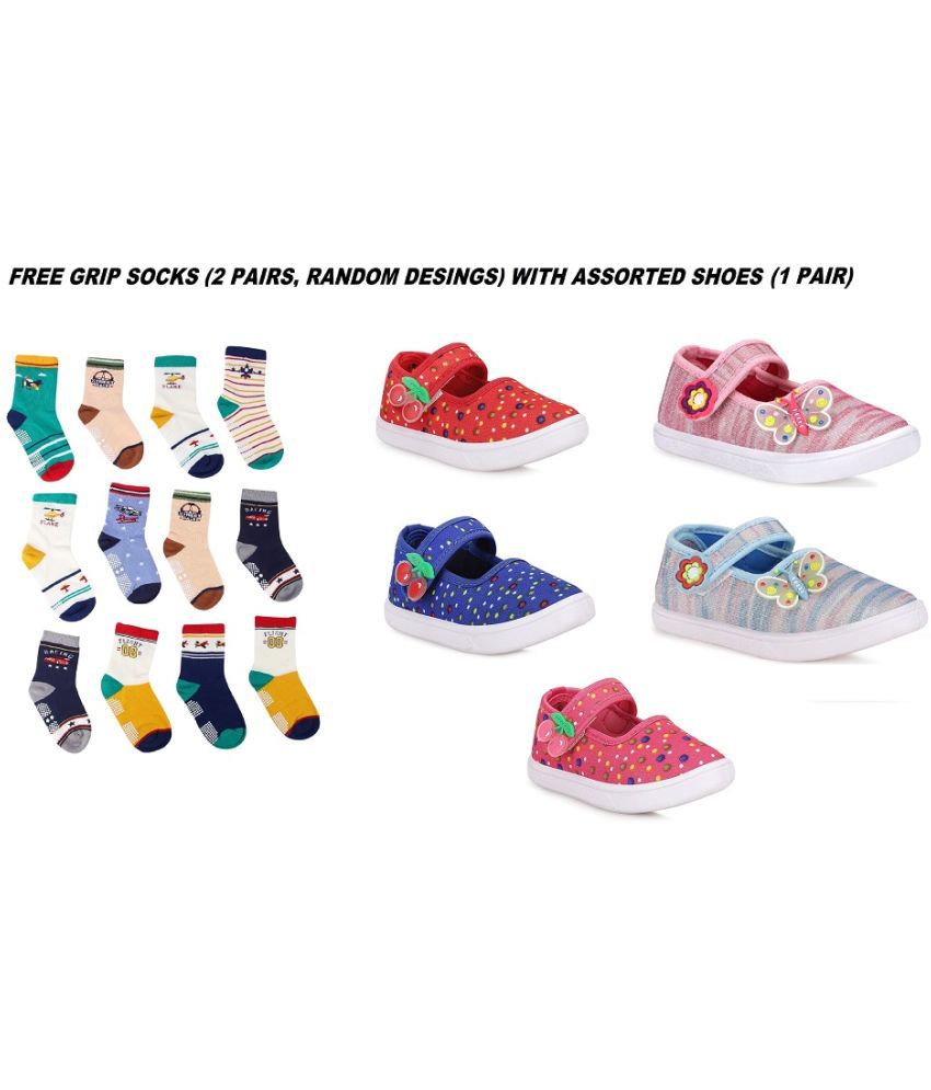     			NEOBABY Cotton Anti Slip Grip Socks and Multicolor Slip-On Shoes Combo for 6 Months to 3 Years Kids Boys and Girls (2 Pairs Socks & 1 pair Belly Sandal of Assorted/Random Designs)