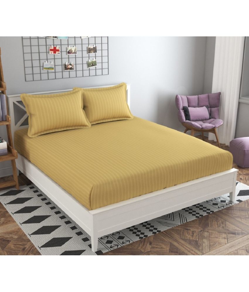     			VORDVIGO Satin Stripe Solid Fitted Fitted bedsheet with 2 Pillow Covers ( Double Bed ) - Yellow