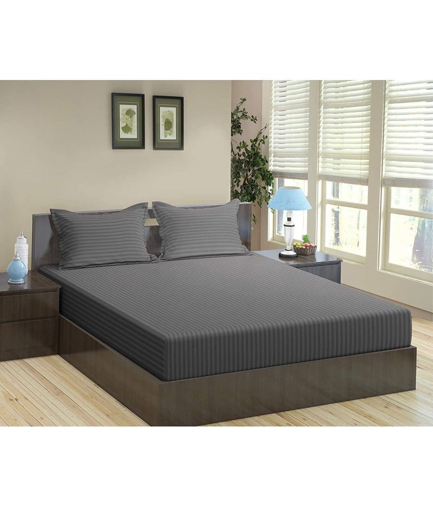     			VORDVIGO Satin Stripe Solid Fitted Fitted bedsheet with 2 Pillow Covers ( Double Bed ) - Gray