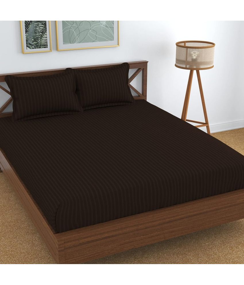     			VORDVIGO Satin Stripe Solid Fitted Fitted bedsheet with 2 Pillow Covers ( Double Bed ) - Brown