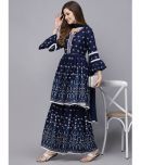 Stylum Rayon Printed Kurti With Sharara And Gharara Women's Stitched Salwar Suit - Navy Blue ( Pack of 1 )