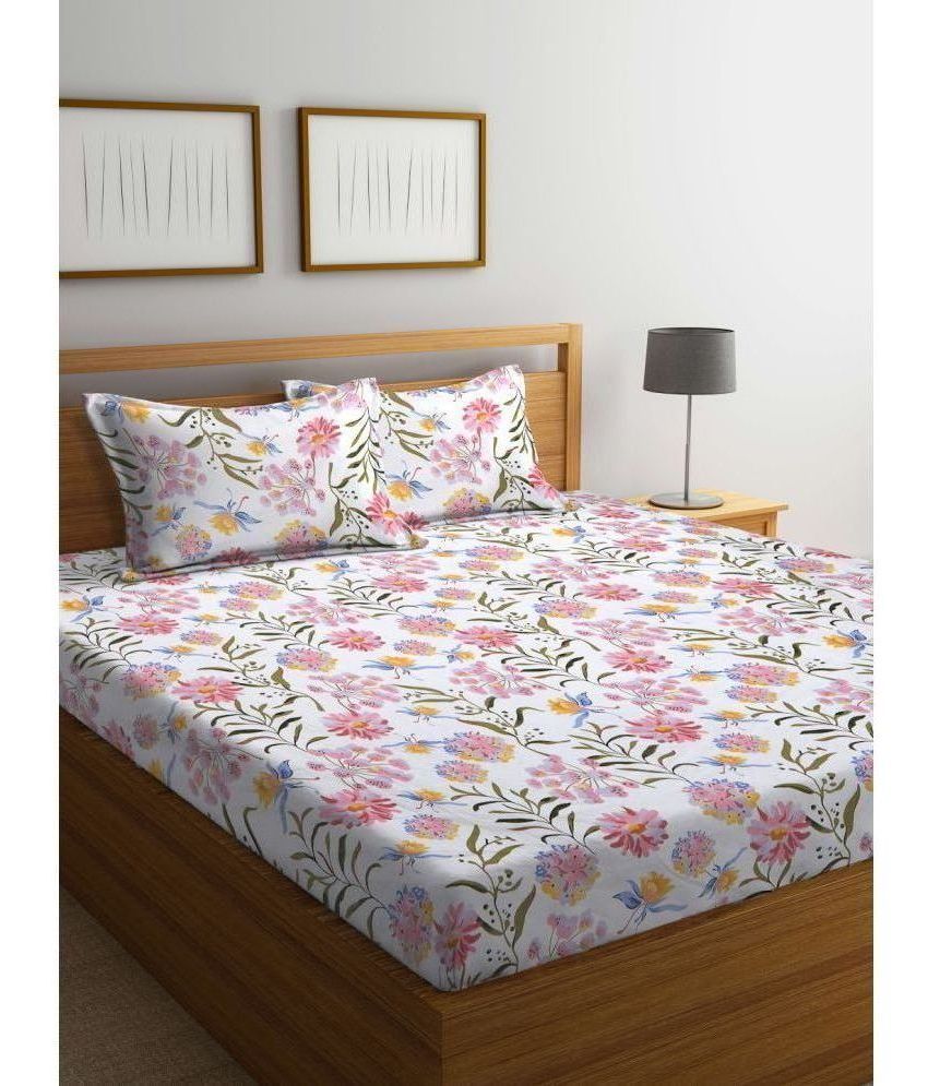     			Klotthe Poly Cotton Floral 1 Double Bedsheet with 2 Pillow Covers - White