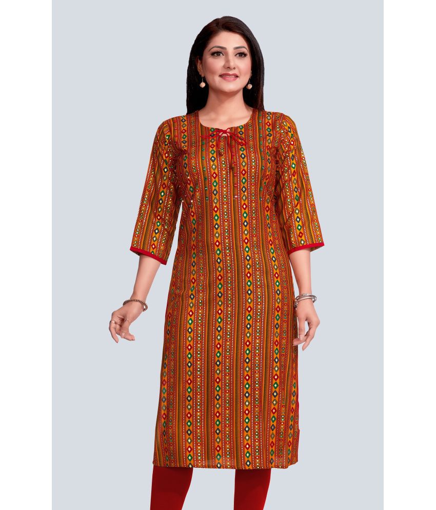     			Meher Impex Rayon Embellished Straight Women's Kurti - Mustard ( Pack of 1 )