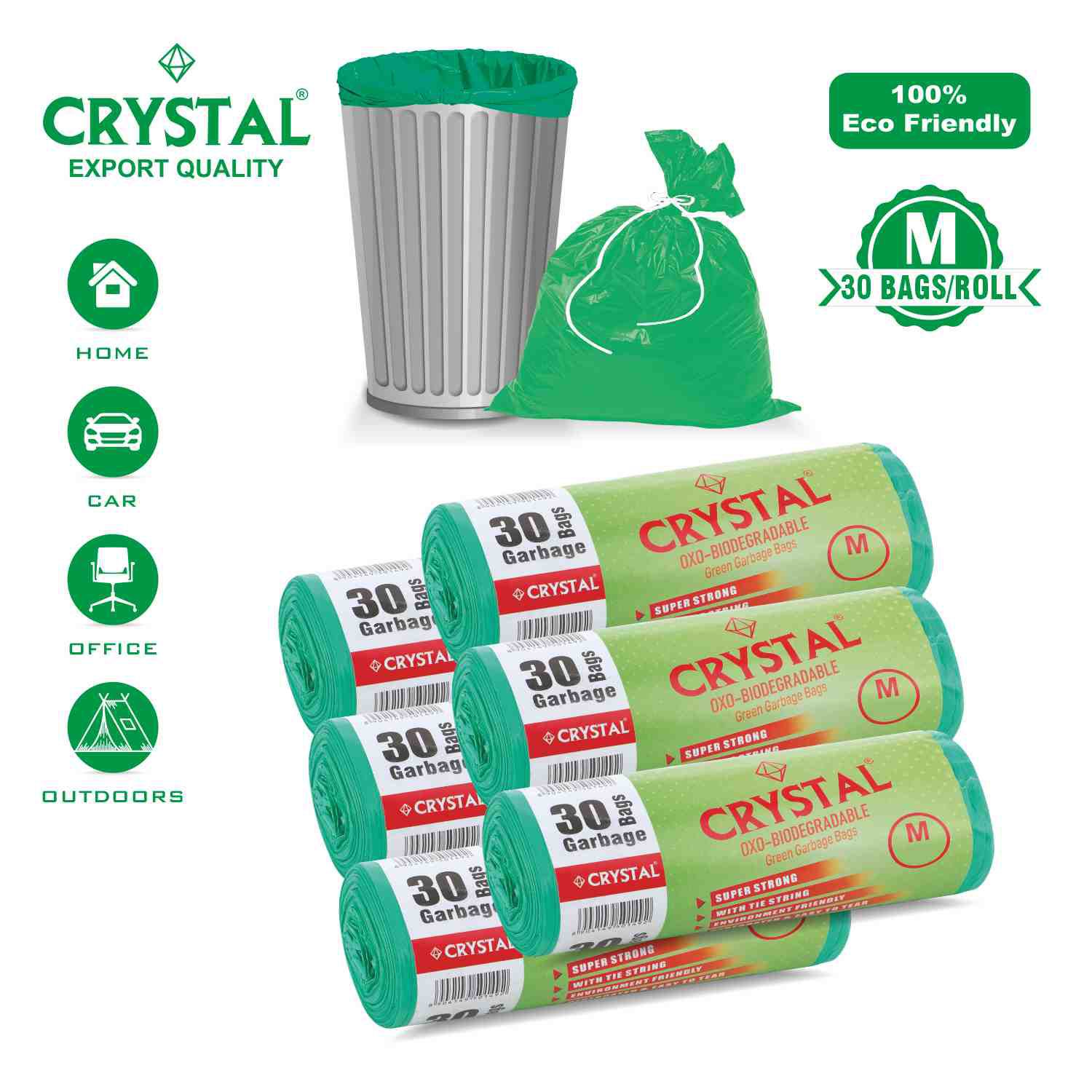     			Crystal Oxo Biodegradable Green Garbage Bags (19 x 21 inch, Medium) Pack of 6 (30 pieces each)