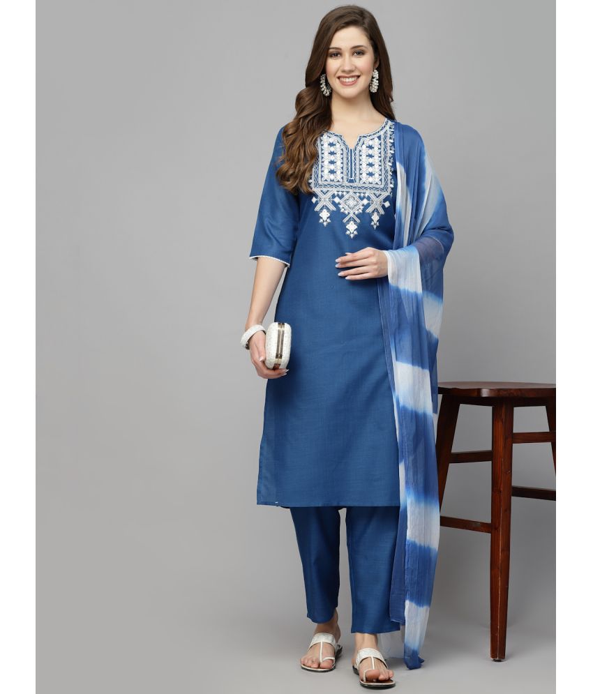     			Stylum Cotton Blend Embroidered Kurti With Pants Women's Stitched Salwar Suit - Blue ( Pack of 1 )