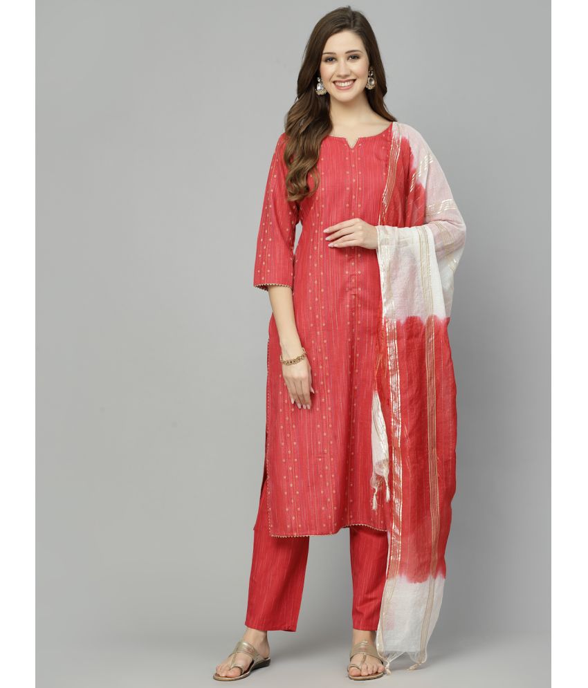     			Stylum Cotton Blend Striped Kurti With Pants Women's Stitched Salwar Suit - Red ( Pack of 1 )