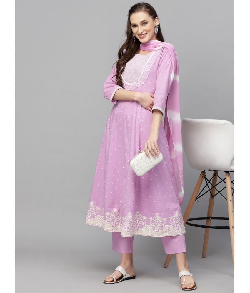     			Stylum Cotton Embroidered Kurti With Pants Women's Stitched Salwar Suit - Lavender ( Pack of 1 )