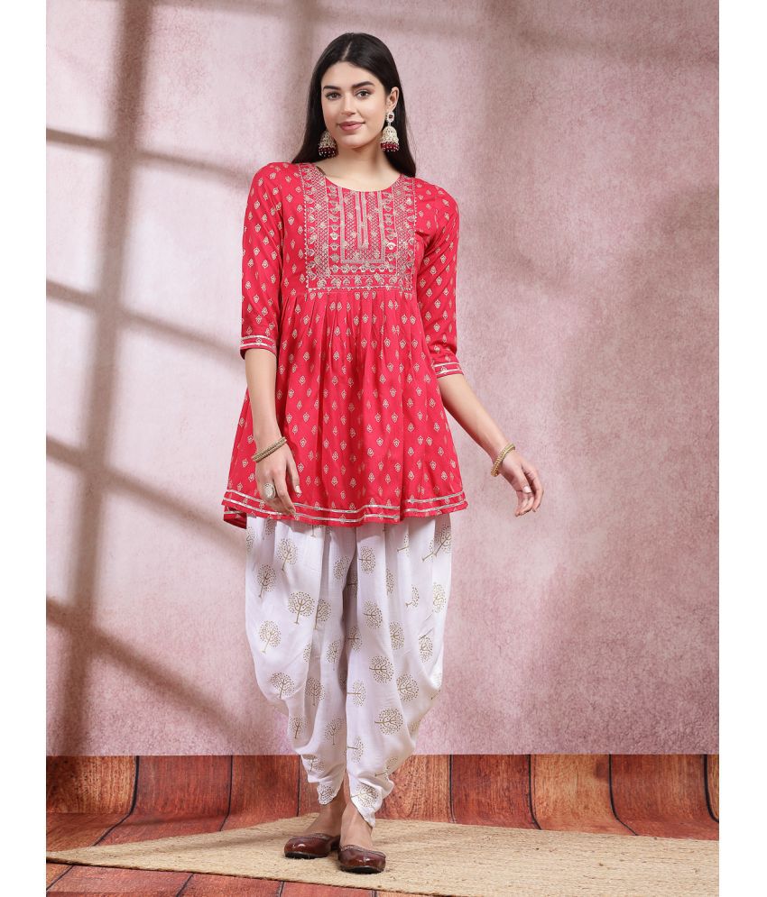     			Stylum Rayon Embellished Kurti With Dhoti Pants Women's Stitched Salwar Suit - Pink ( Pack of 1 )