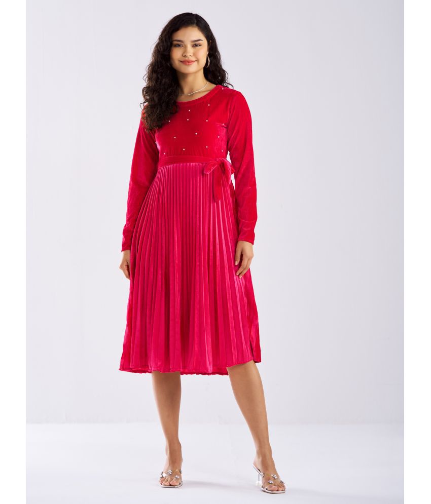    			aask Velvet Solid Midi Women's Fit & Flare Dress - Pink ( Pack of 1 )