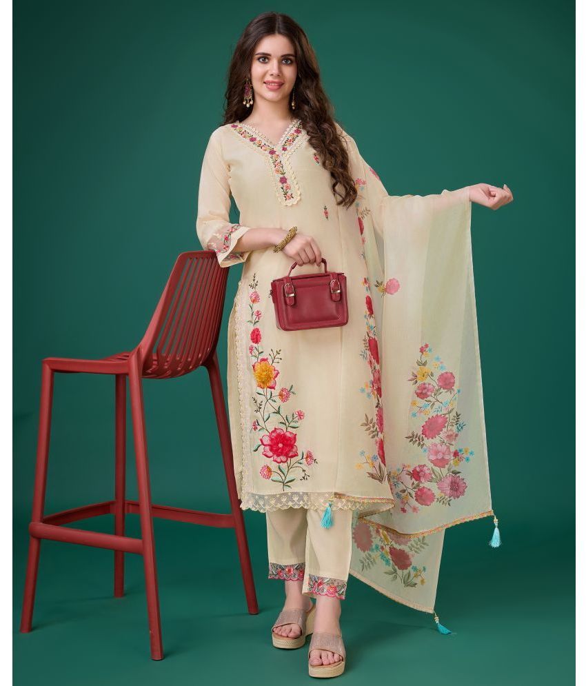     			MOJILAA Viscose Embroidered Kurti With Pants Women's Stitched Salwar Suit - Cream ( Pack of 1 )