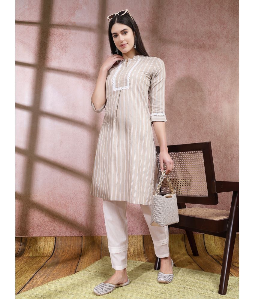     			Stylum Cotton Blend Striped Straight Women's Kurti - Beige ( Pack of 1 )