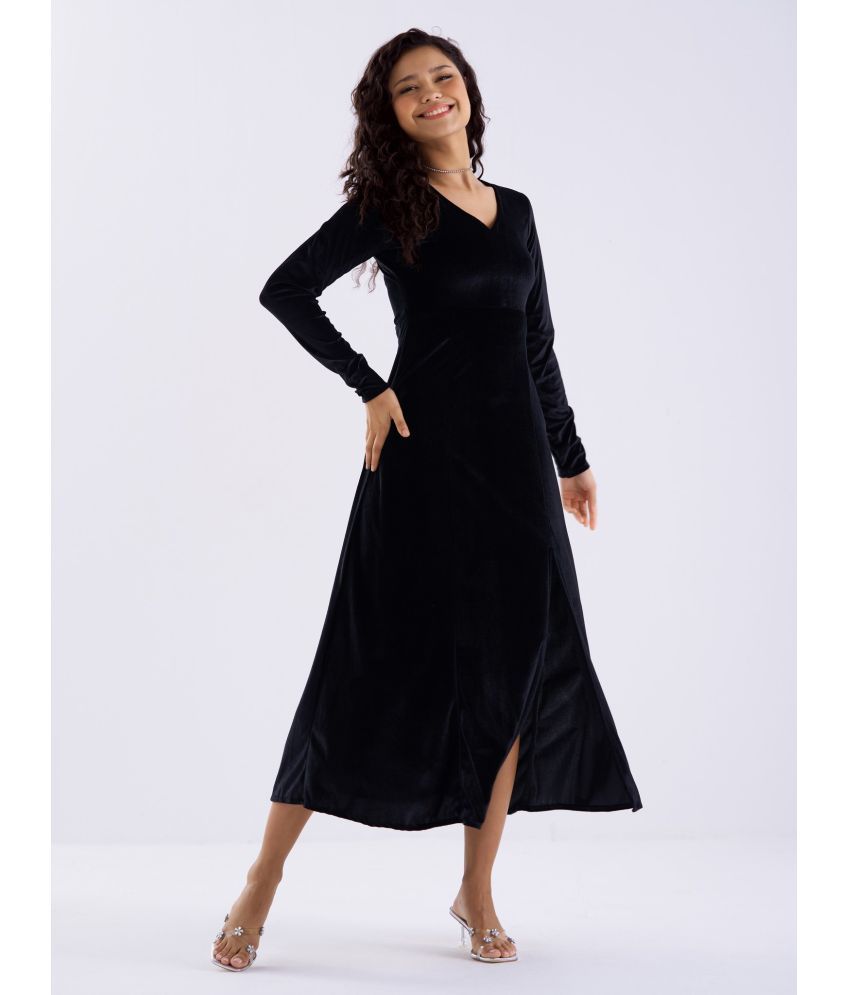     			aask Velvet Solid Midi Women's Fit & Flare Dress - Black ( Pack of 1 )