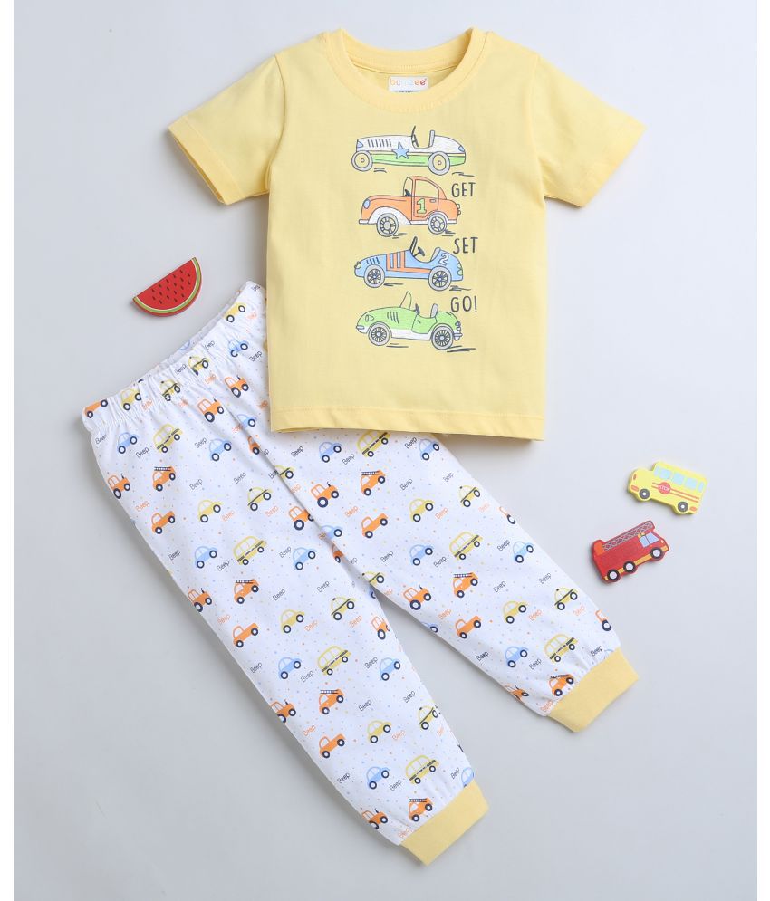     			BUMZEE White & Yellow Boys Half Sleeves T-Shirt & Pyjama Set Age - 3-4 Years