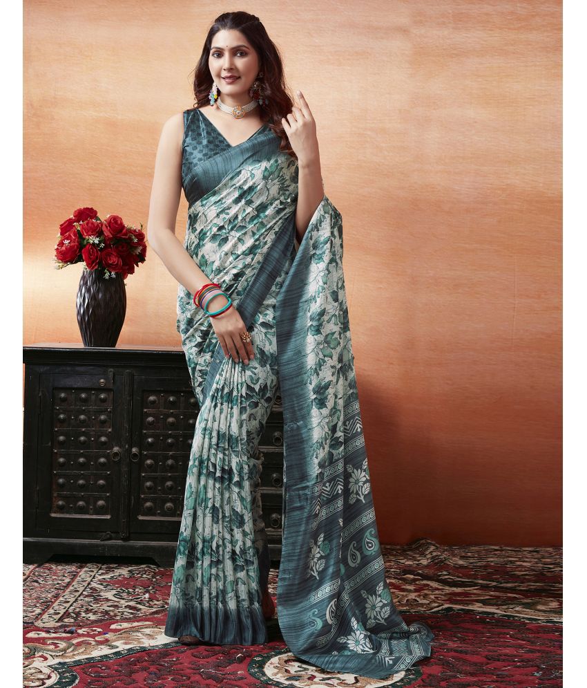     			Samah Art Silk Printed Saree With Blouse Piece - Turquoise ( Pack of 1 )