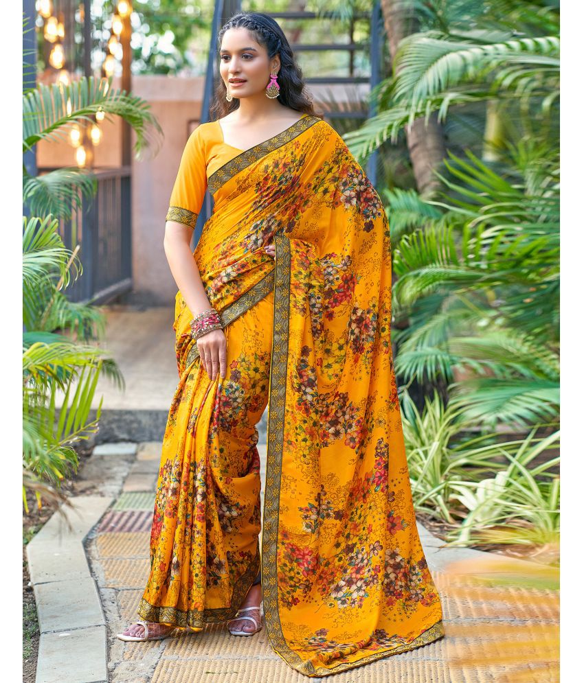     			Samah Art Silk Printed Saree With Blouse Piece - Yellow ( Pack of 1 )