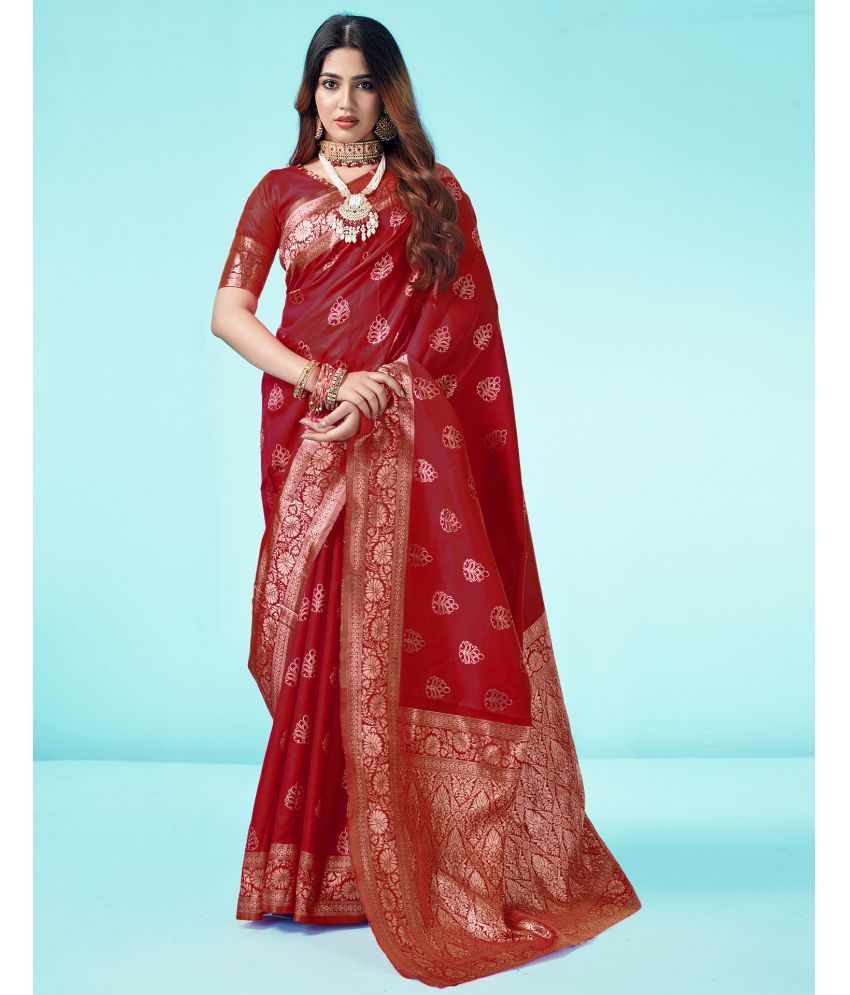     			Samah Art Silk Self Design Saree With Blouse Piece - Red ( Pack of 1 )