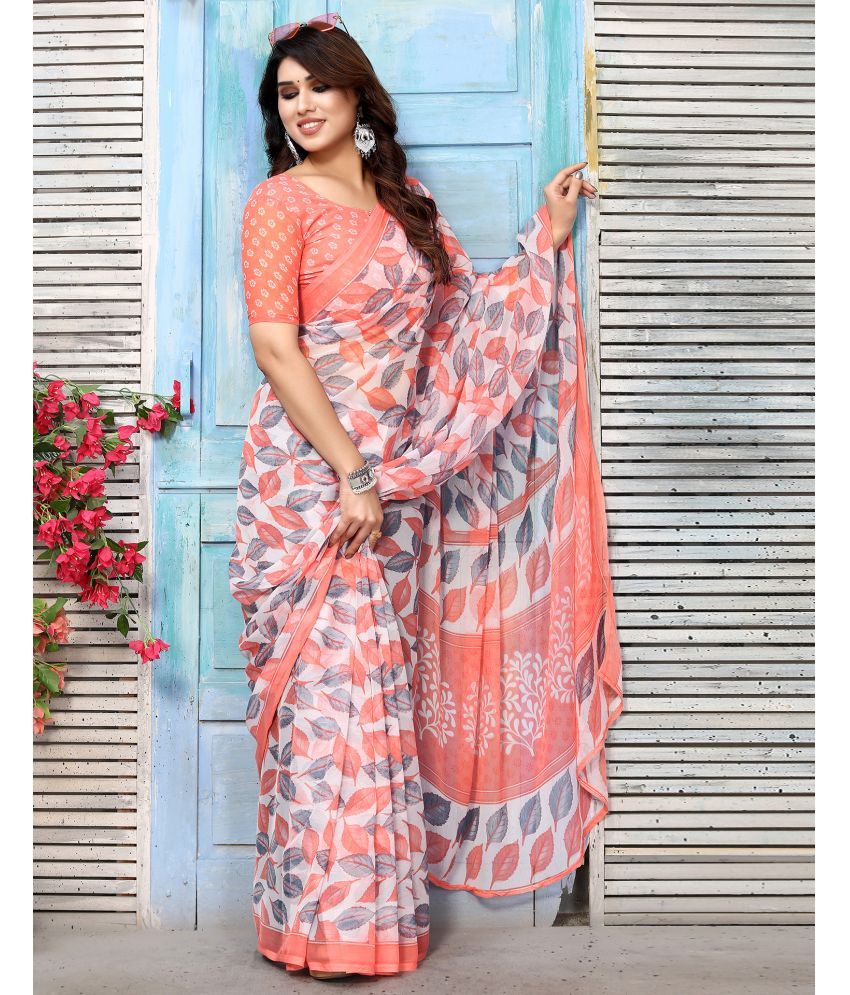     			Samah Chiffon Printed Saree With Blouse Piece - Peach ( Pack of 1 )