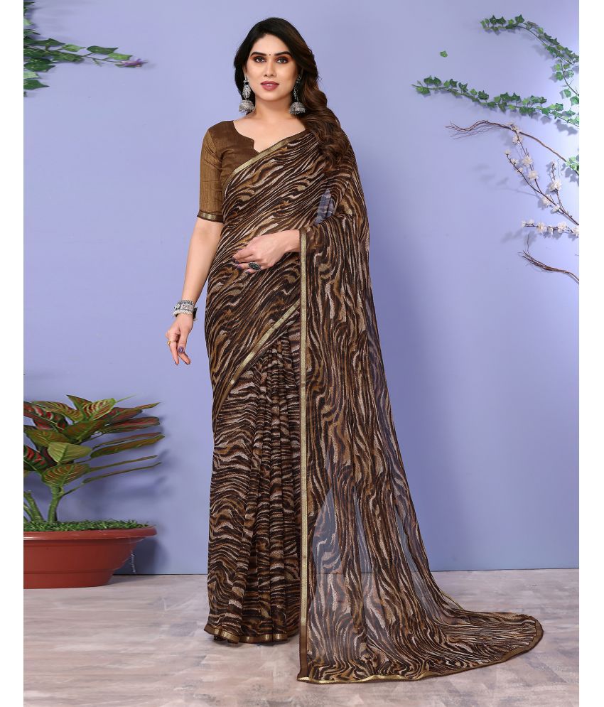     			Samah Chiffon Printed Saree With Blouse Piece - Brown ( Pack of 1 )