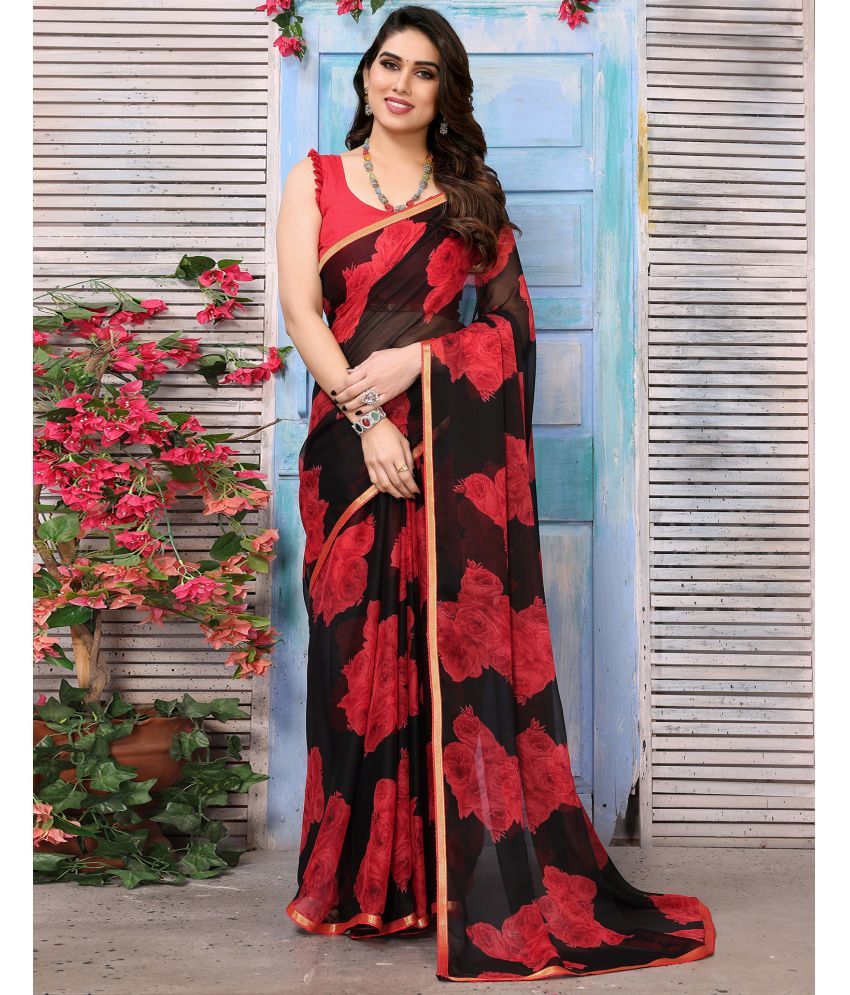     			Samah Chiffon Printed Saree With Blouse Piece - Black ( Pack of 1 )