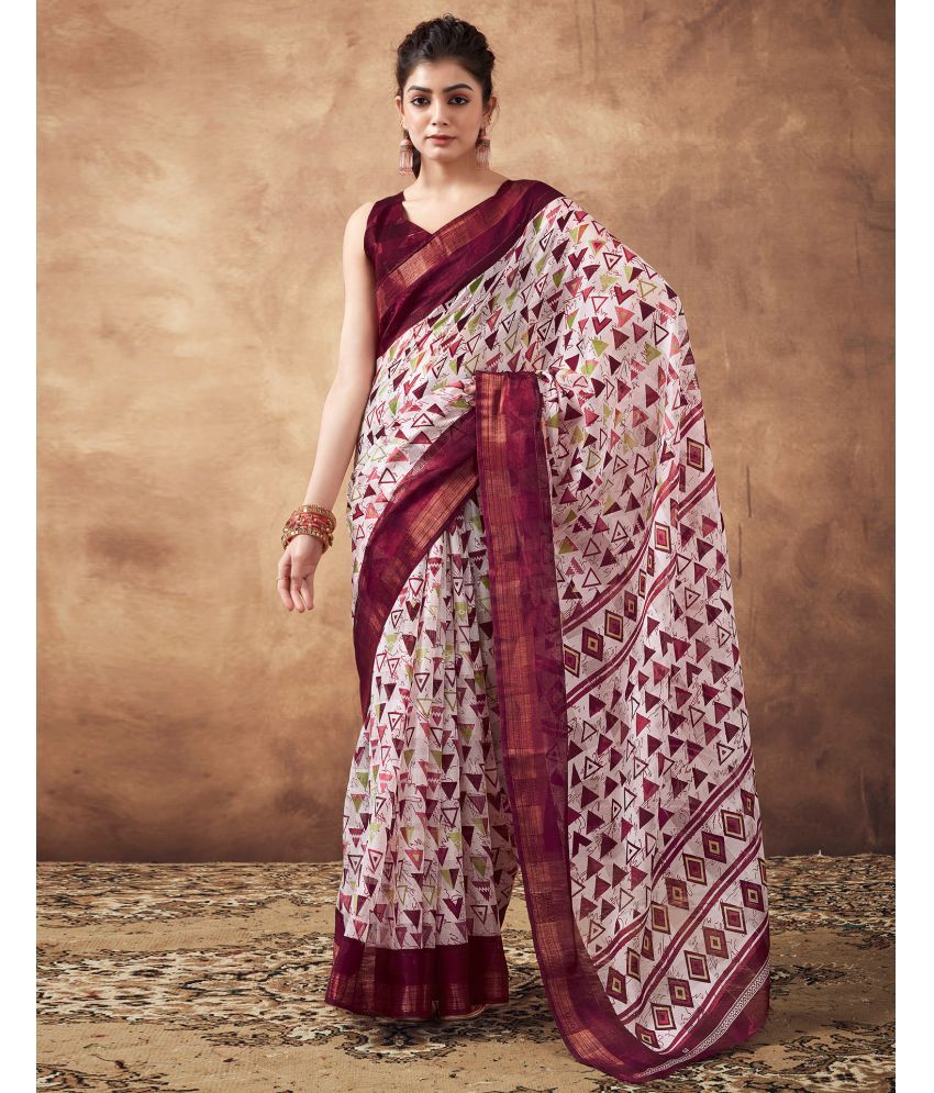     			Samah Cotton Blend Printed Saree With Blouse Piece - Maroon ( Pack of 1 )