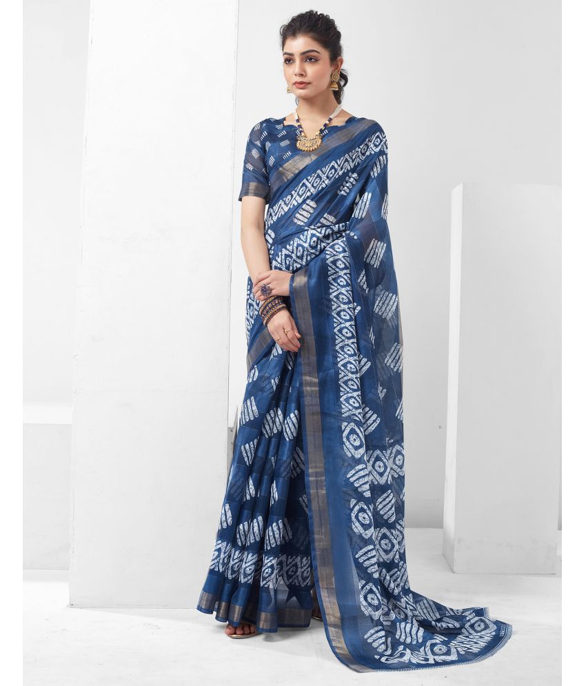     			Samah Cotton Blend Printed Saree With Blouse Piece - Blue ( Pack of 1 )