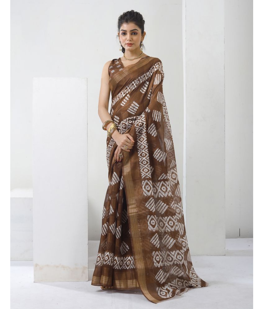     			Samah Cotton Blend Printed Saree With Blouse Piece - Brown ( Pack of 1 )