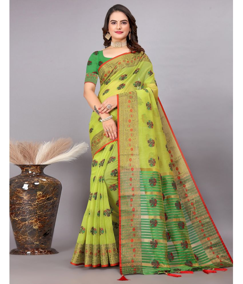     			Samah Cotton Blend Self Design Saree With Blouse Piece - Light Green ( Pack of 1 )