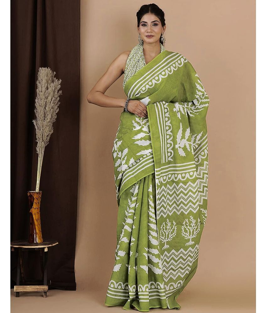     			Samah Cotton Printed Saree With Blouse Piece - Green ( Pack of 1 )