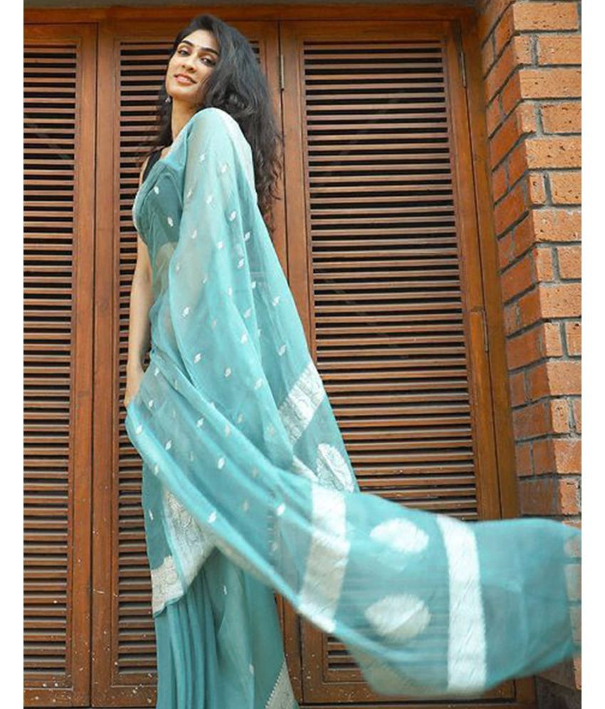     			Samah Cotton Silk Self Design Saree With Blouse Piece - Light Blue ( Pack of 1 )